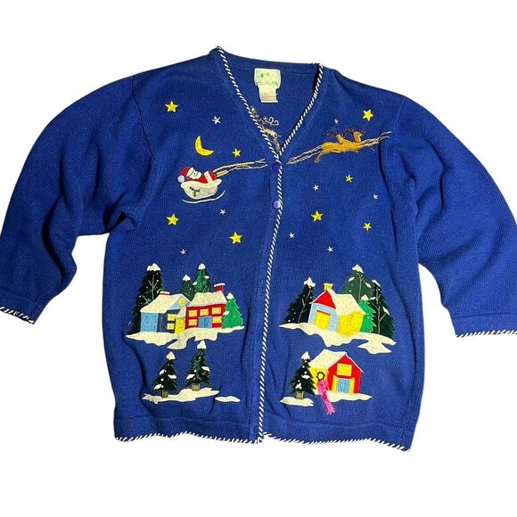 Vtg Quacker Factory Blue Christmas Cardigan Santa Sleigh Reindeer Houses XL - Picture 1 of 8